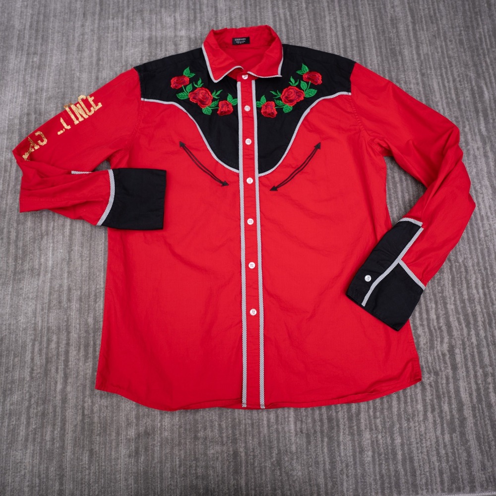 Coofandy Western Shirt Mens M Red Good Rose Embroidery Floral Cowboy Button
